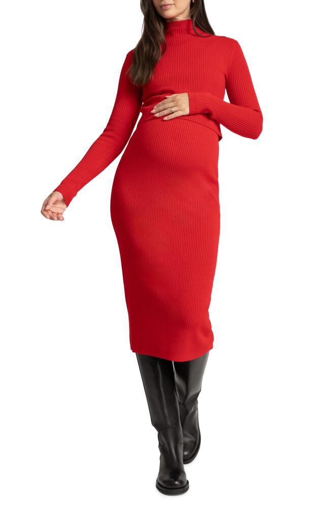 Seraphine Long Sleeve Rib Maternity/Nursing Body-Con Dress in Red Cover