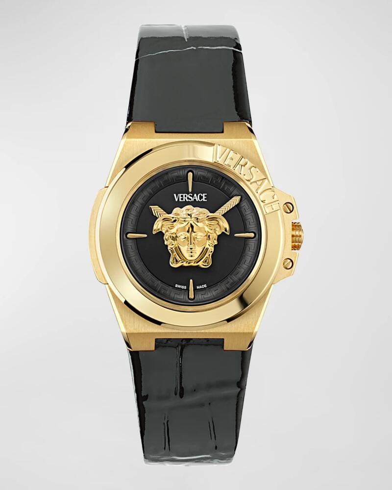 37mm Versace Hera Watch with Calf Leather Strap, Yellow Gold/Black Cover