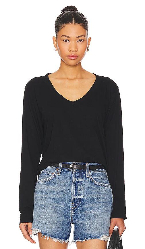 perfectwhitetee Long Sleeve Cotton Boxy V Neck Tee in Black Cover