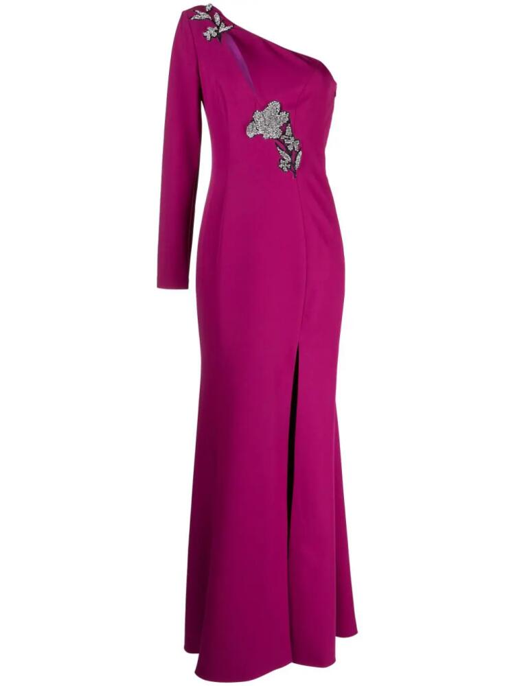 Marchesa Notte floral-appliqué one-shoulder gown - Purple Cover