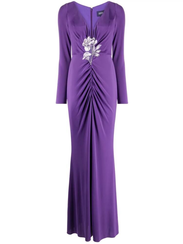 Marchesa Notte floral-appliqué ruched gown - Purple Cover