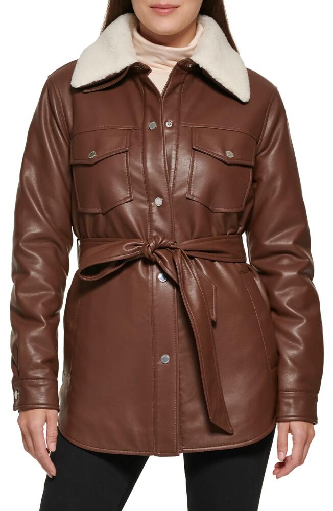 Kenneth Cole Faux Leather Tie Belt Shacket with Removable Faux Shearling Collar in Chocolate Cover