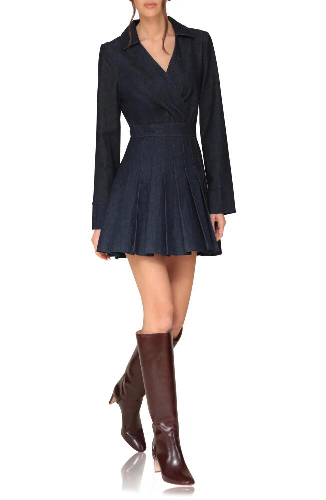 Avec Les Filles Pleated Long Sleeve Denim Minidress in Ink Blue Wash Cover