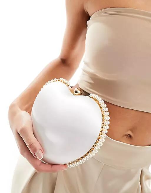 True Decadence pearl trim heart clutch bag in white satin Cover