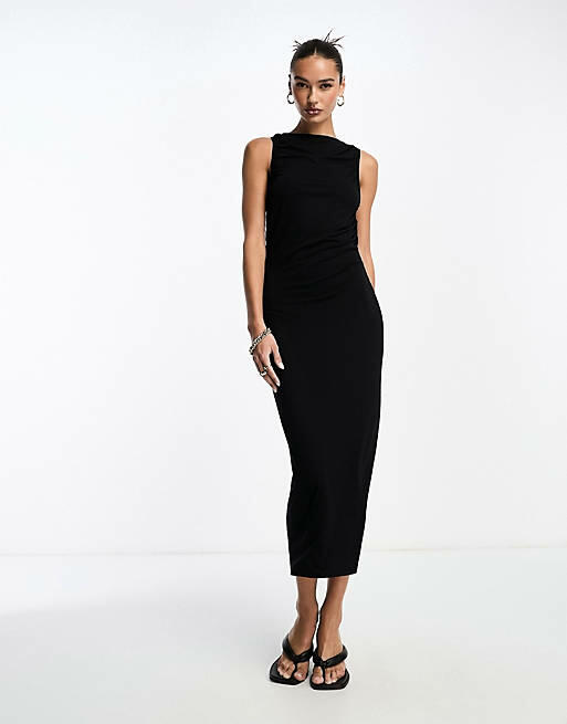 NA-KD slash neck midi dress in black Cover