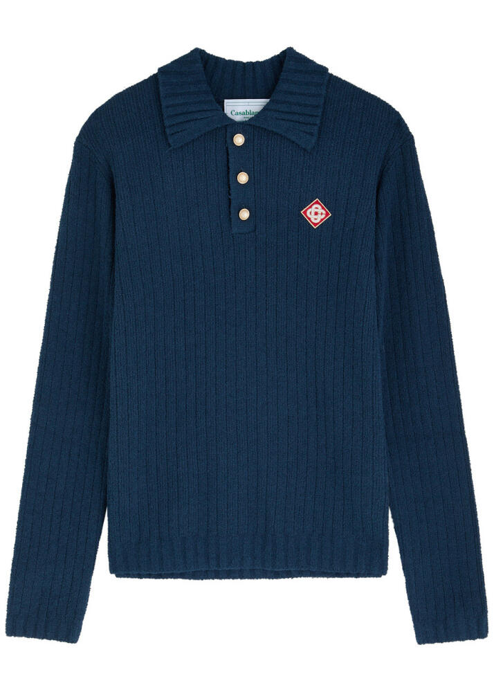 Casablanca Ribbed Bouclé Cotton-blend Polo Shirt - Navy Cover