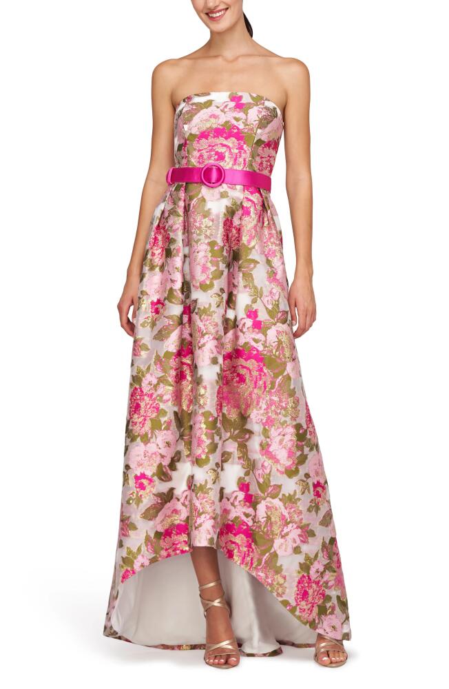 Kay Unger Bella Floral Jacquard Metallic Belted High-Low Gown in Wild Raspberry Cover