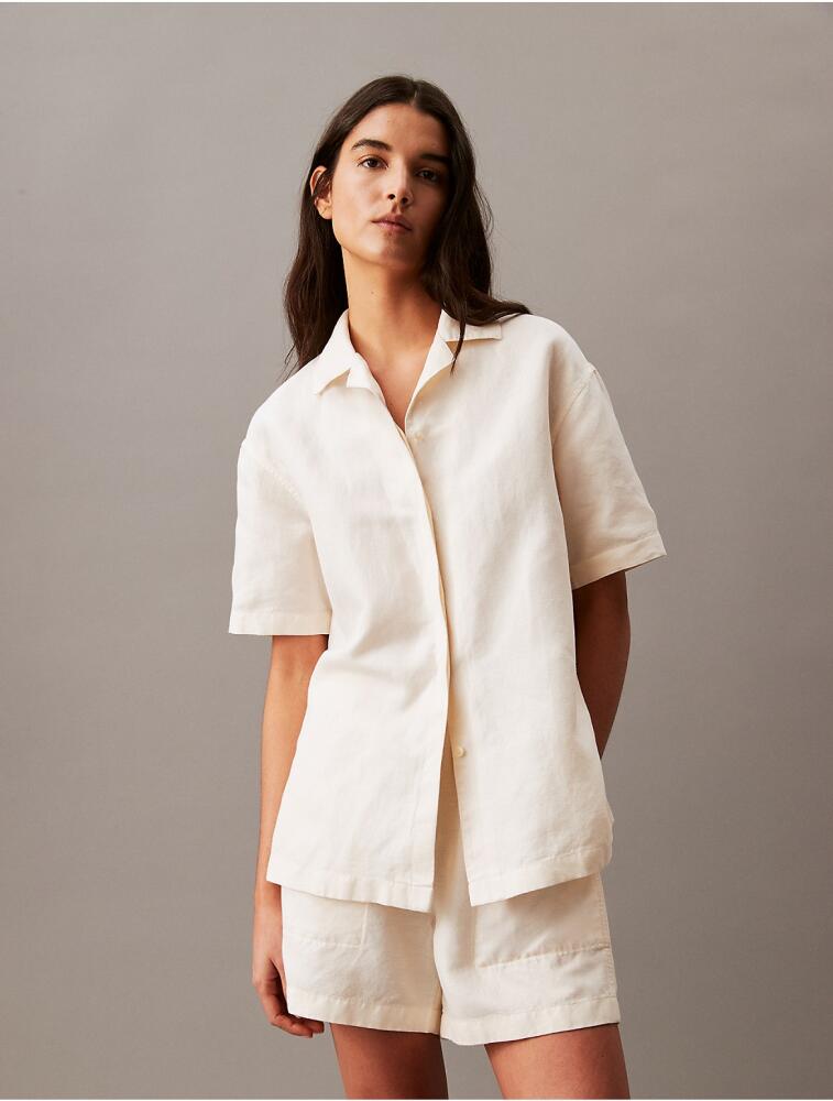 Calvin Klein Women's Linen Blend Camp Button-Down Shirt - Ivory Cover