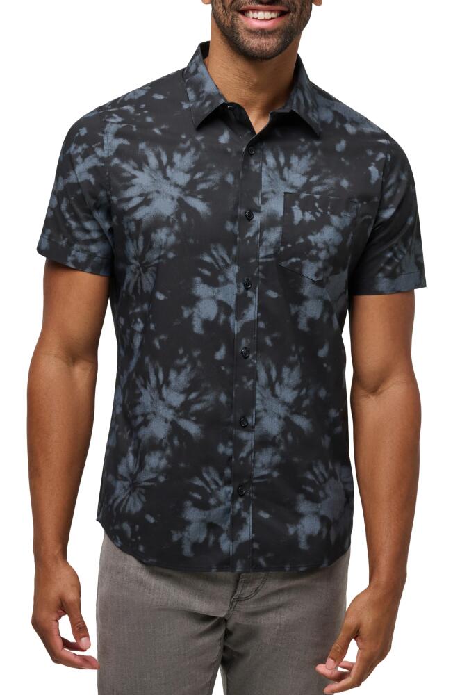 TravisMathew Warmer Tides Tie Dye Short Sleeve Stretch Button-Up Shirt in Black Cover