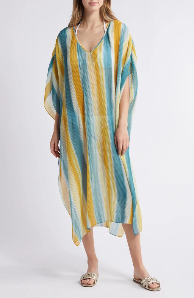 Nordstrom Pleated Sheer Caftan in Teal- Yellow Color Mantle Cover