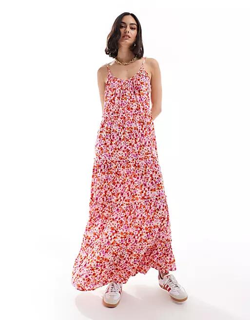 Vila tiered maxi cami dress in pink floral print-Multi Cover