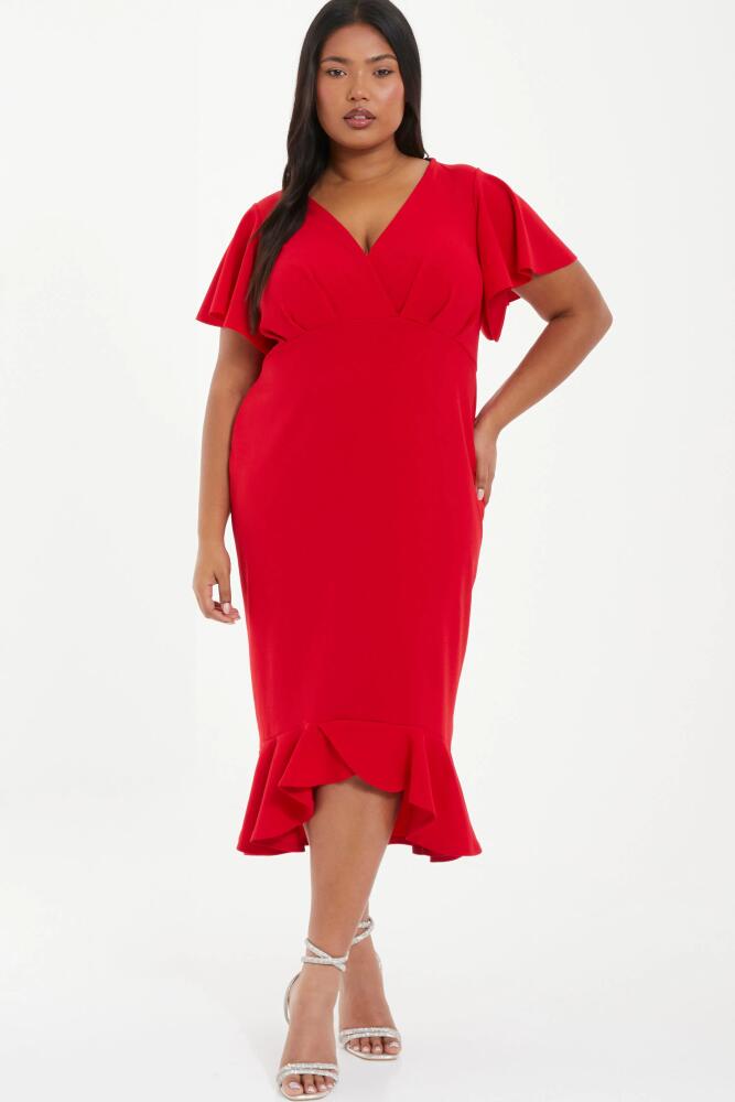 QUIZ V-Neck Frill Hem Midi Dress in Red Cover