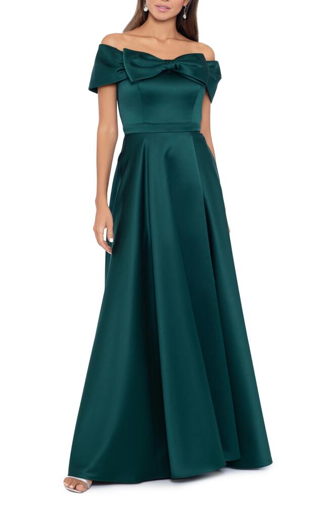 Xscape Evenings Bow Front Off the Shoulder Satin Ballgown in Hunter Cover