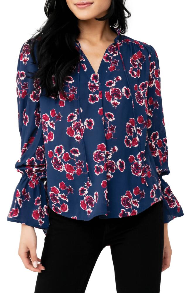 GIBSONLOOK Floral Print Tie Neck Blouse in Blue Depths Floral Cover