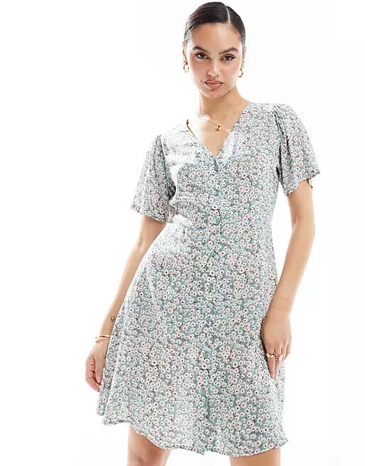 ONLY V-neck tie waist mini dress in sage floral-Green Cover