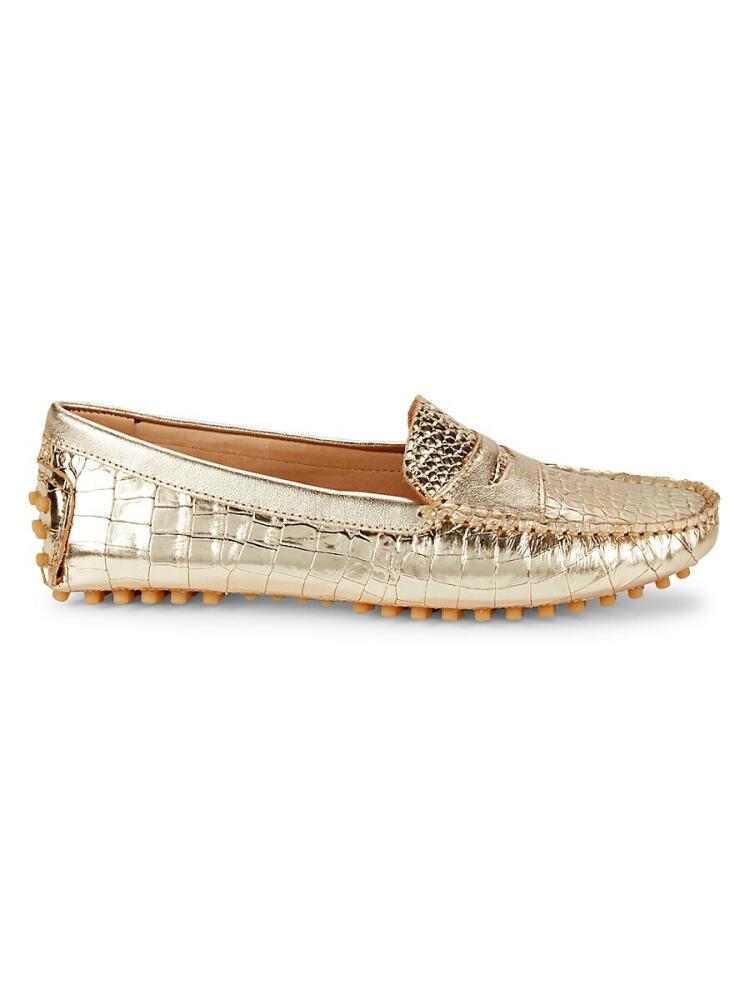 Saks Fifth Avenue Women's Croc Embossed Leather Penny Driving Loafers - Gold Metal Cover