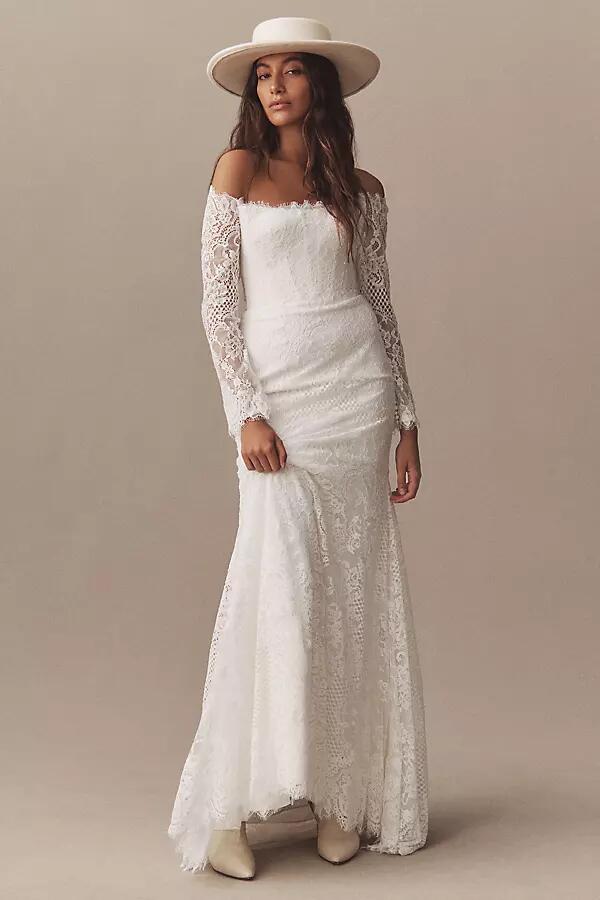 Wtoo by Watters Resa Off-The-Shoulder Long-Sleeve Lace Mermaid Wedding Gown Cover