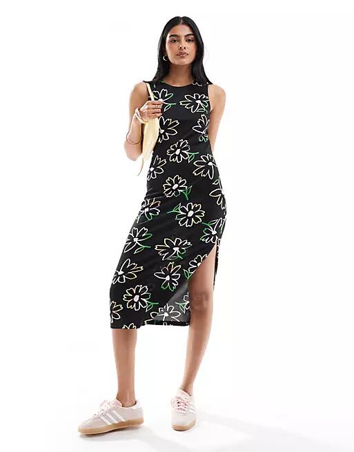 JDY exclusive side split midi dress in multi floral-Black Cover