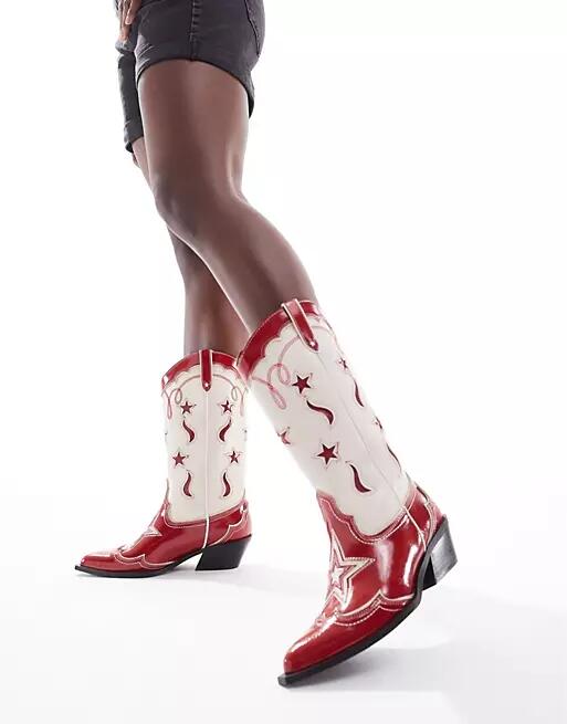 Stradivarius pattern western boot in red and ecru-Multi Cover