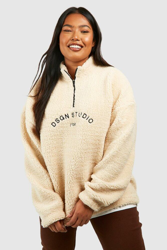 boohoo Womens Plus Premium Borg Embroidered Half Zip Sweater - Beige Cover