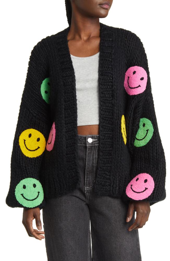 Dressed in Lala Visionary Oversize Open Front Cardigan in Black Multi Smiley Cover