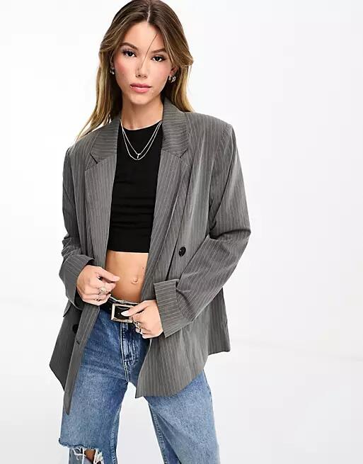 ASOS DESIGN double breasted blazer in gray pinstripe Cover