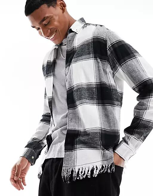 ADPT oversized brushed check shirt with fray hem in black-White Cover