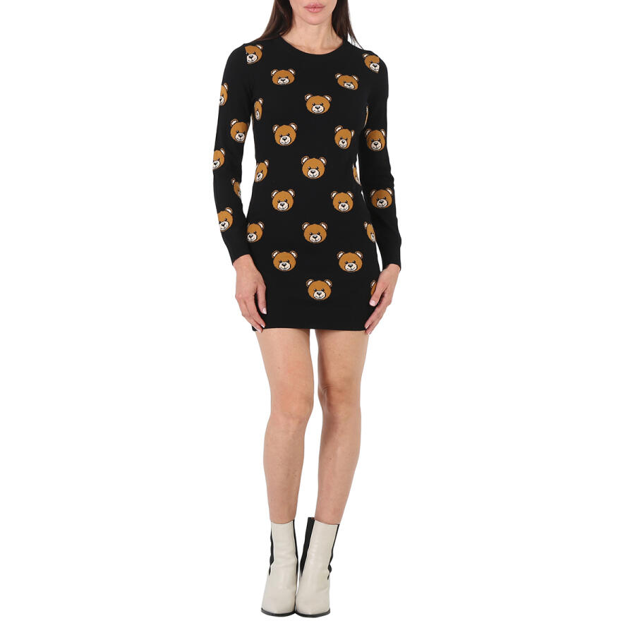 Moschino Ladies Fantasia Black Intarsia Teddy Wool Knit Mini Dress Cover