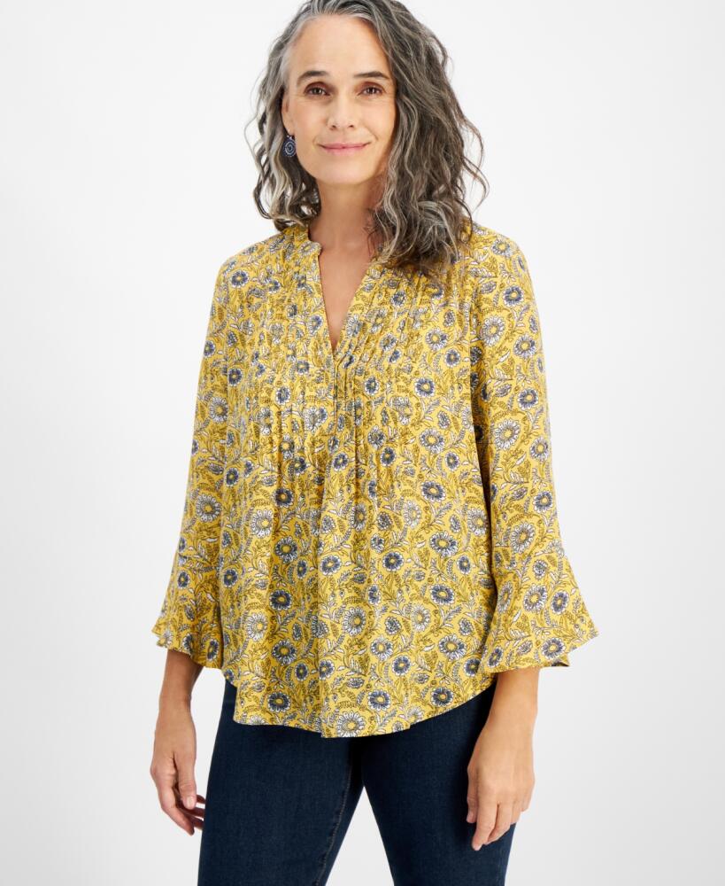 Style & Co Women's Printed Pintuck Ruffle Sleeve Top, Created for Macy's - Bloom Yellow Cover