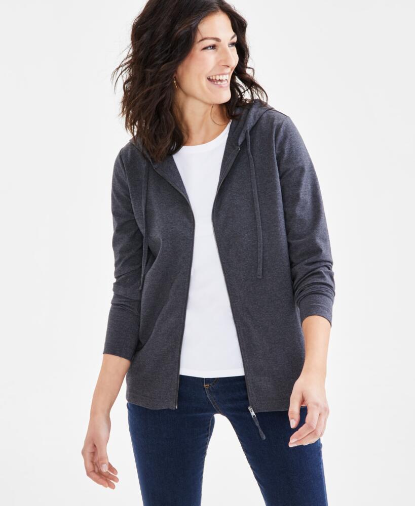 Style & Co Women's Zip-Front Hooded Sweatshirt, Created for Macy's - Charcoal Heather Cover