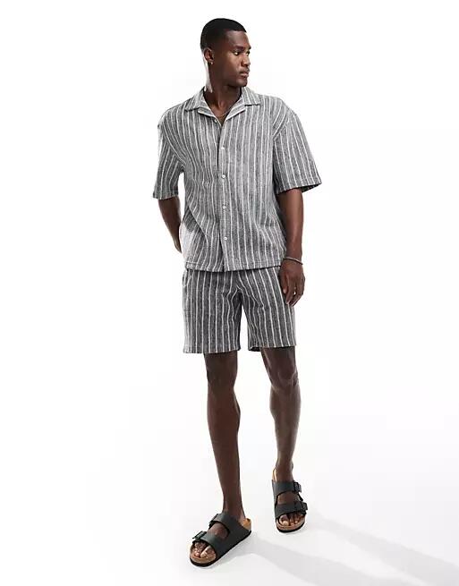 Pull & Bear textured stripe short in gray - part of a set-Black Cover