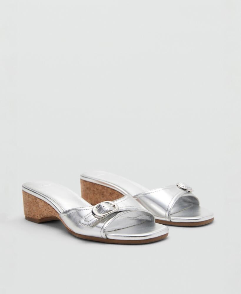 Mango Women's Buckle Detail Metallic Wedge Sandals - Silver Cover