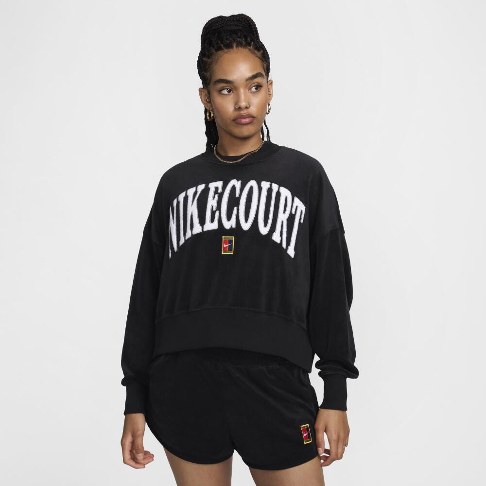 Nike Women's Court Heritage Over-Oversized Crew-Neck Graphic Tennis Sweatshirt in Black Cover