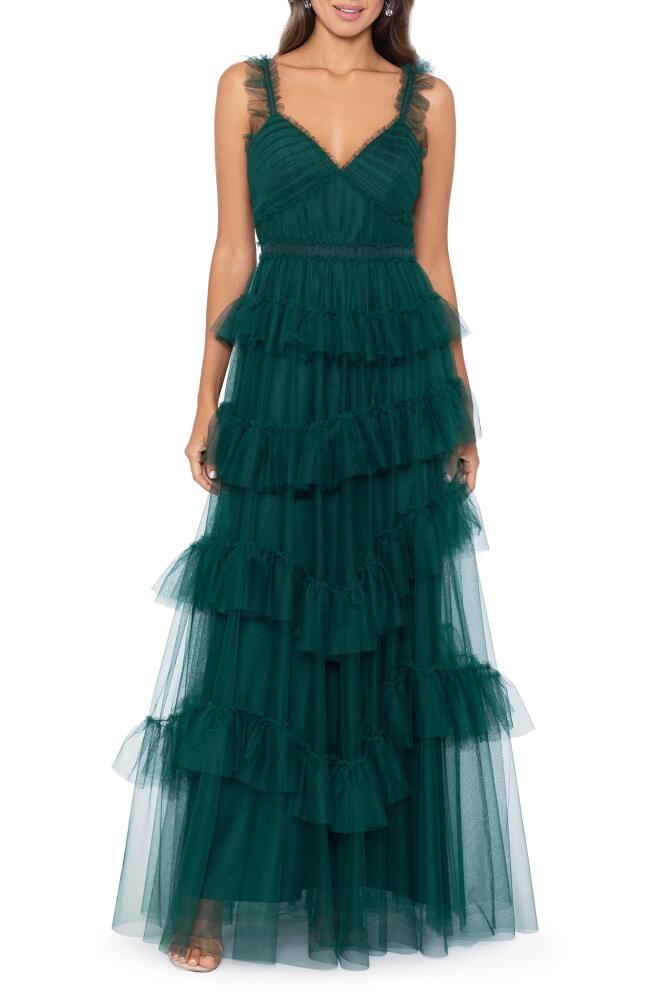 Betsy & Adam Tiered Ruffle Tulle Gown in Hunter Cover