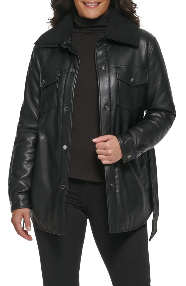 Kenneth Cole Faux Leather Tie Belt Shacket with Removable Faux Shearling Collar in Black Cover