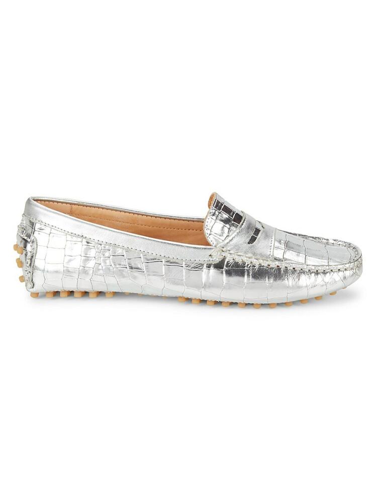 Saks Fifth Avenue Women's Croc Embossed Leather Penny Driving Loafers - Silver Metal Cover