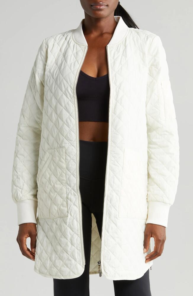 zella Longline Water Resistant Quilted Bomber Jacket in Ivory Egret Cover