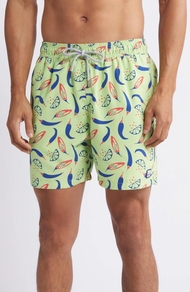 Tom & Teddy Chilli Print Performance Swim Trunks in Lime/Blue Cover