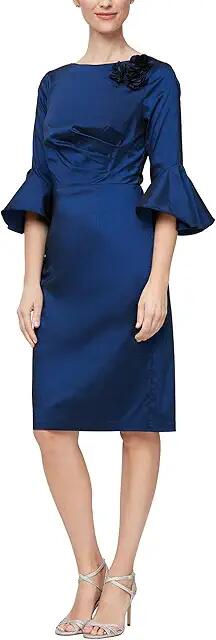 Alex Evenings Short Sheath Dress w/Shoulder Floral Detail Bell Sleeves (Navy) Women's Dress Cover