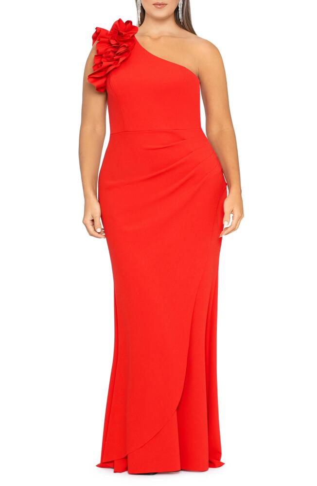 Xscape Evenings Ruffle Detail One-Shoulder Sheath Gown in Red Cover