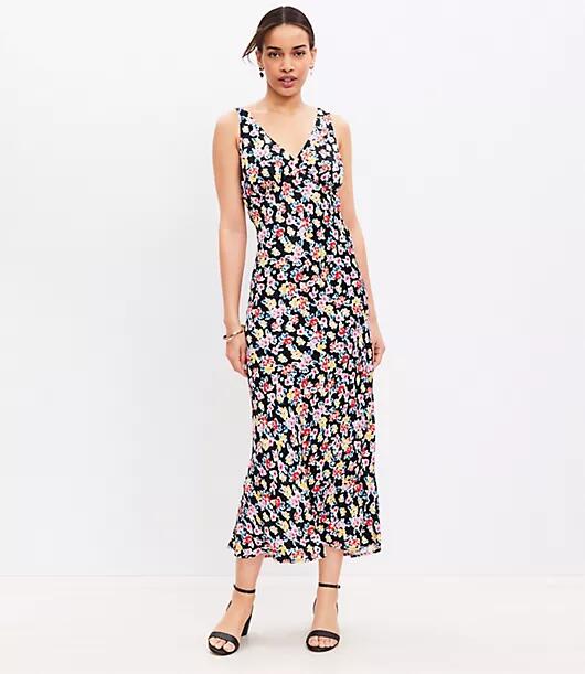 Loft Ikat Buttercup Satin Double V Bias Midi Dress Cover