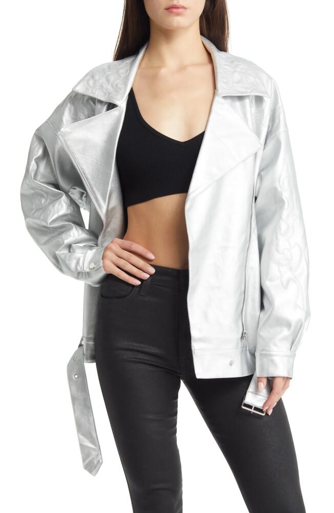 AZALEA WANG Metallic Faux Leather Moto Jacket in Silver Cover