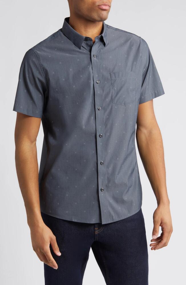 TravisMathew Across the Pond Geo Print Short Sleeve Stretch Button-Up Shirt in Heather Black Cover