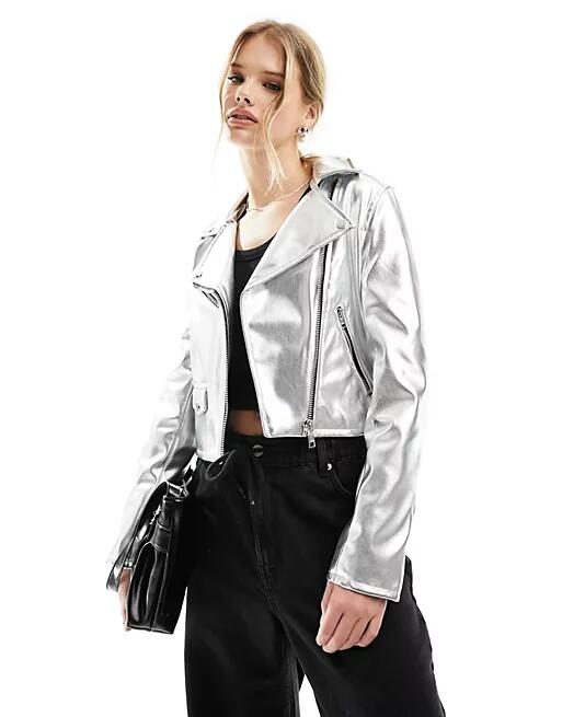 Bershka metallic biker jacket in silver Cover