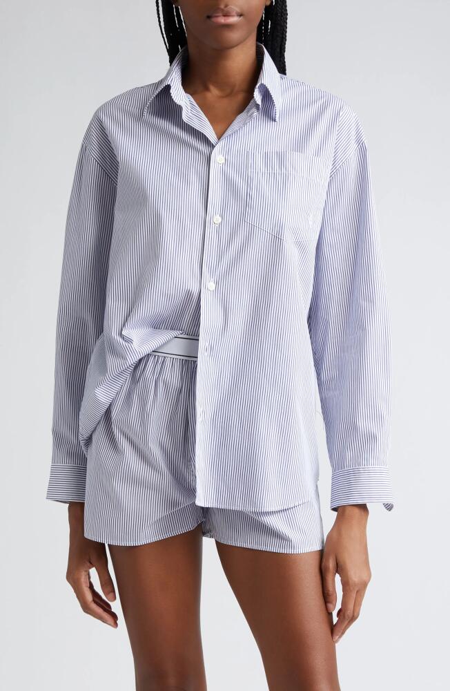 Sporty & Rich Stripe Cotton Button-Up Shirt in White/Navy Thin Stripe Cover