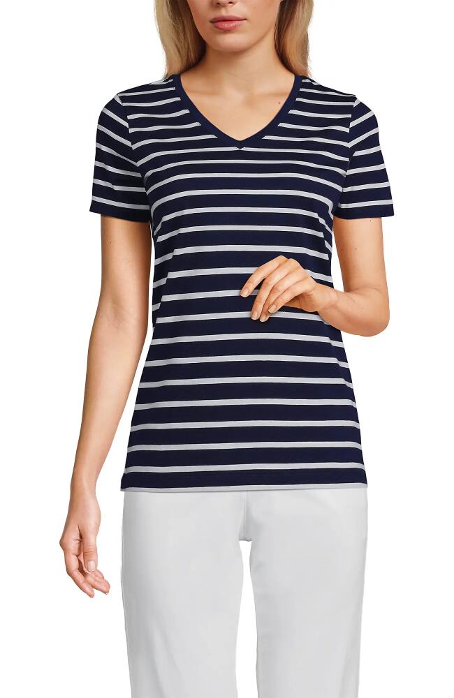 Lands' End Relaxed Supima Cotton V-Neck T-Shirt in Deep Sea Navy Breton Stripe Cover