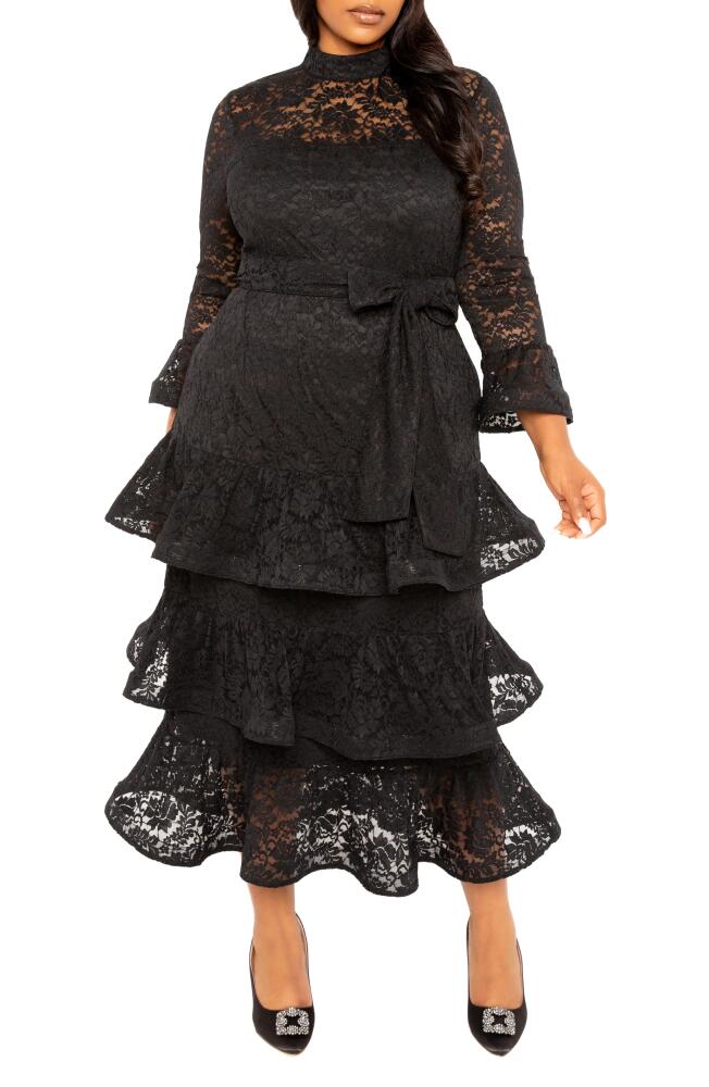 BUXOM COUTURE Tiered Lace Long Sleeve Maxi Dress in Black Cover