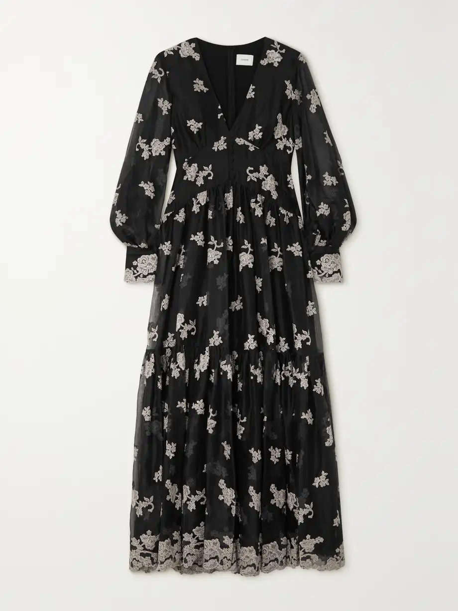 Erdem - Tabetha Tiered Embroidered Silk-organza Maxi Dress - Black Cover