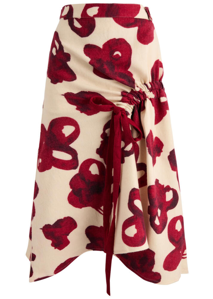 Lovebirds Floral-print Drawstring Wool Midi Skirt - Red Cover