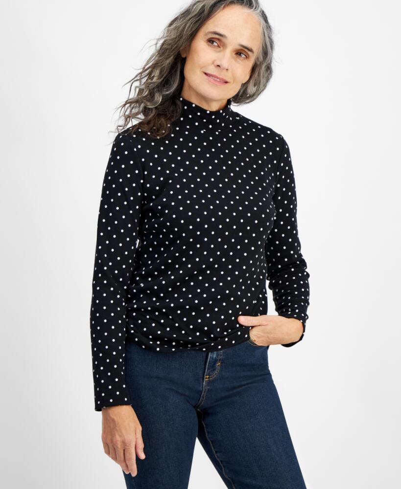 Style & Co Women's Print Mock-Neck Long-Sleeve T-Shirt, Created for Macy's - Dot Black Cover